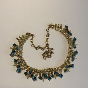 CORO VTG Choker Necklace Blue Glitter Gold Tone Textured 10.75” Statement Nklc